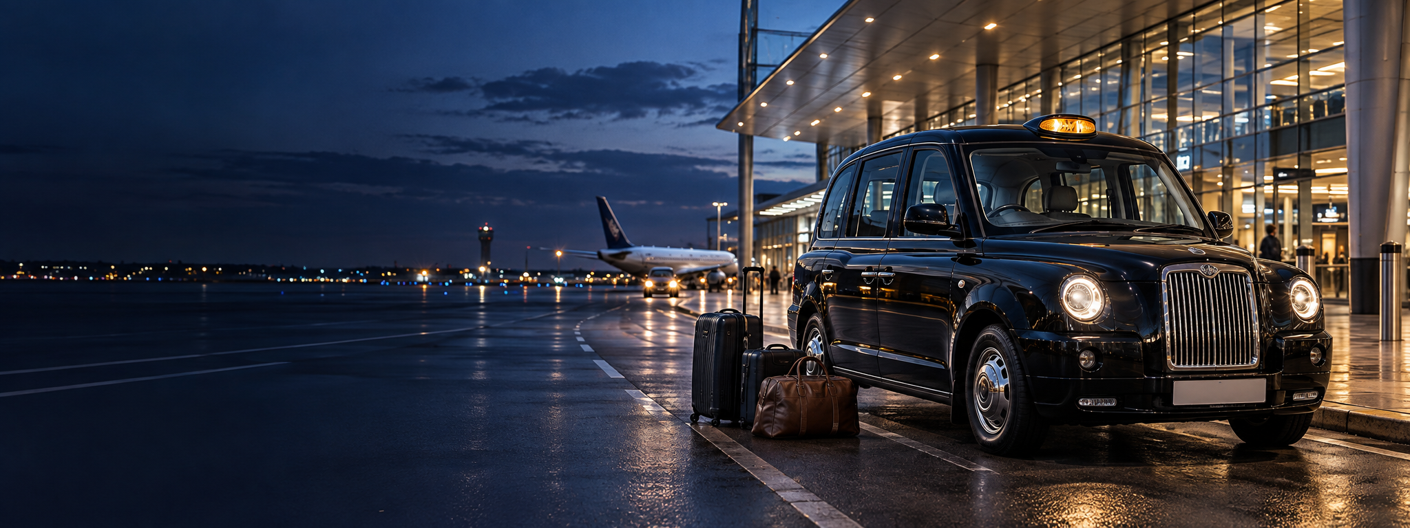 Black taxi waiting with luggage outside a modern airport terminal