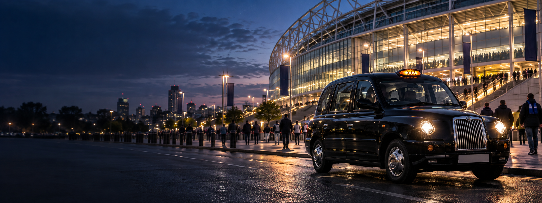 Black taxi arriving outside a floodlit football stadium on match day