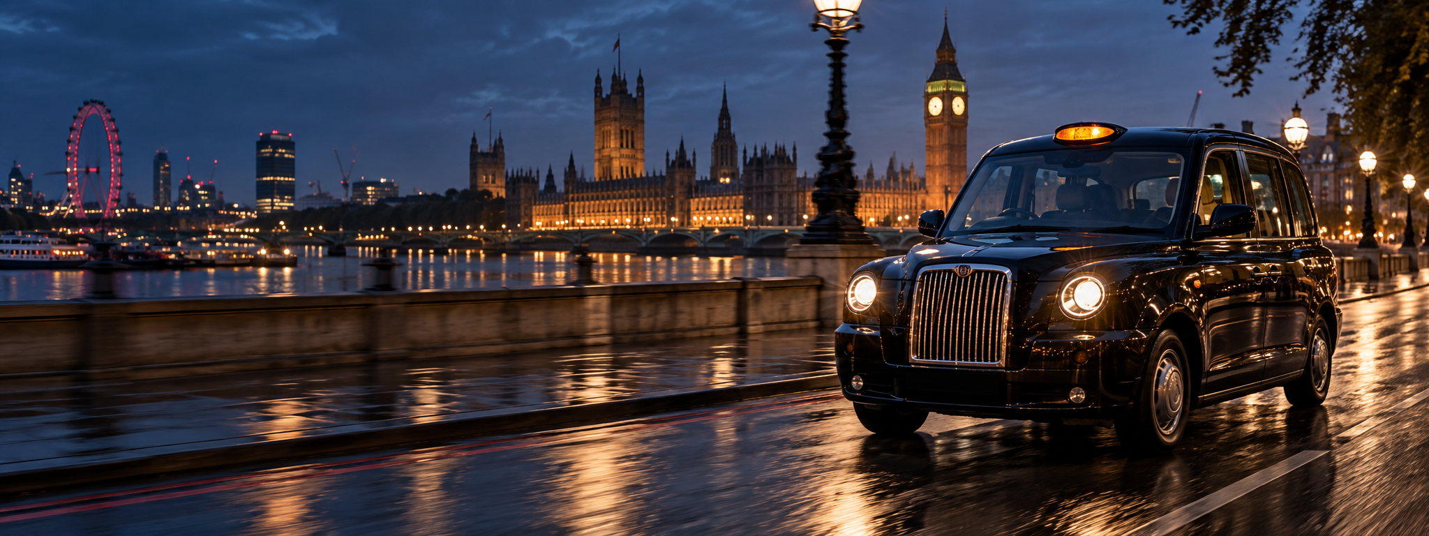 Black London taxi travelling beside the Thames with Westminster illuminated at blue hour