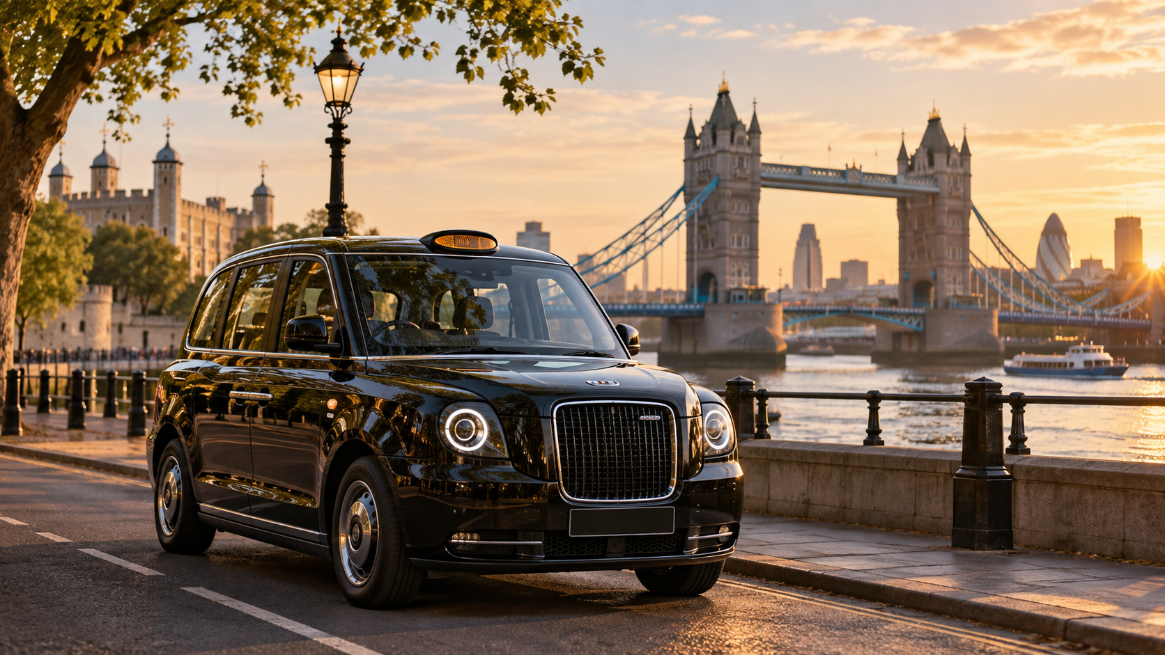 London black taxi with Tower Bridge